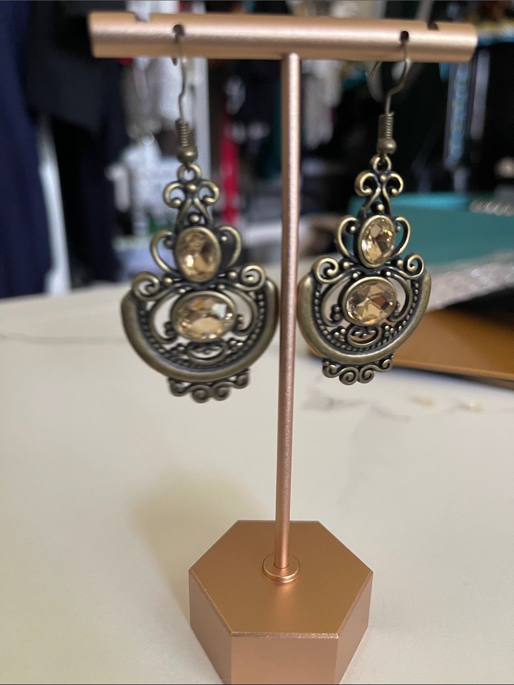 Antique looking Brass Filigree Drop Earrings with Champagne Stones